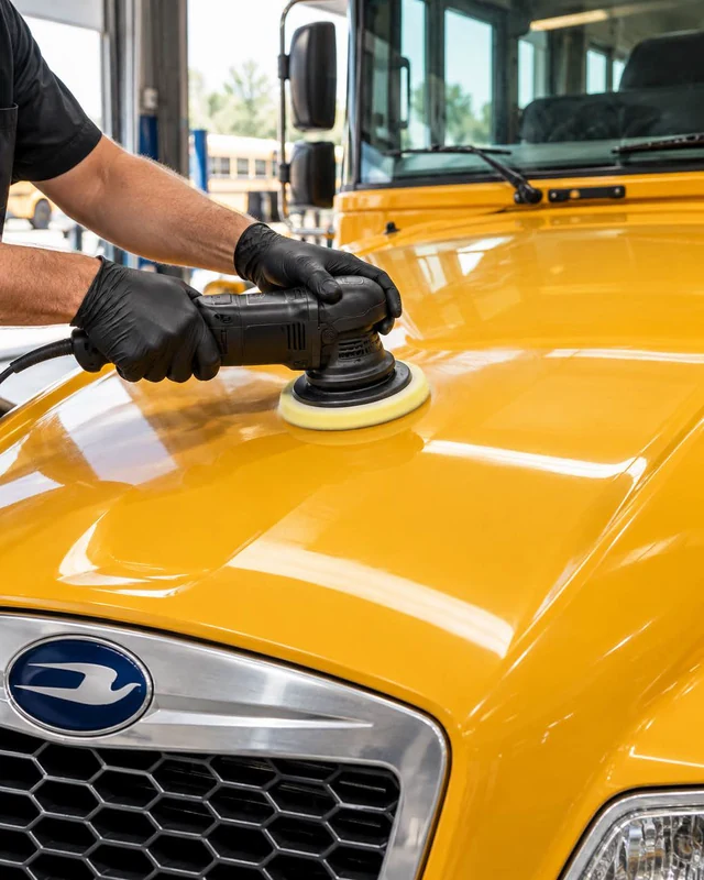 Technician machine-polishing a yellow Blue Bird school bus hood.