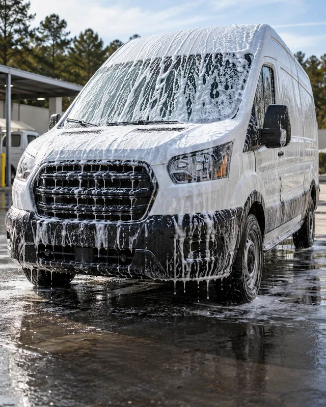 Commercial cargo van covered in wash foam