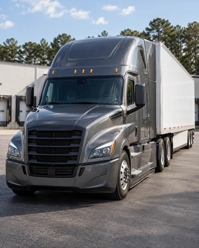 Graphite on-highway semi truck with a white box trailer
