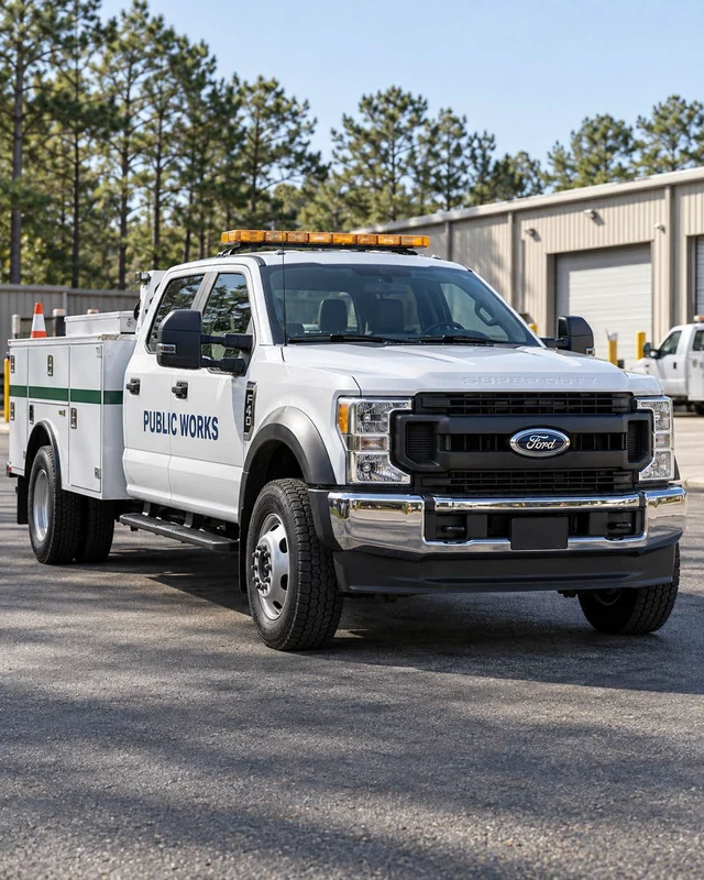 White public works utility truck parked at a municipal facility